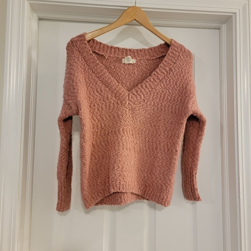 Yes Lola Chunky Knit V-Neck Fuzzy Dusty Rose Sweater Size XS
